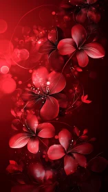 Digital flowers glowing red against dark gradient background with bokeh effects
