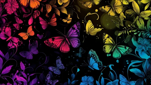Chromatic gradient butterflies over illustrated florals.