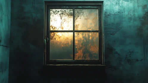 Old window frame with fogged glass and warm backlight glow.