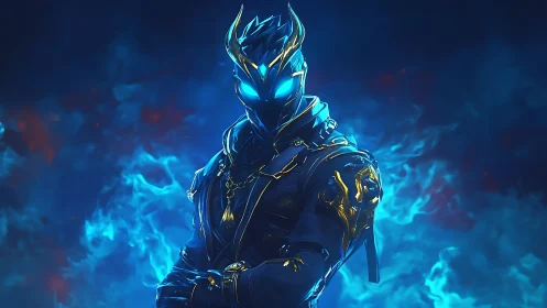Mystical blue flame warrior glowing with bold quiet power.