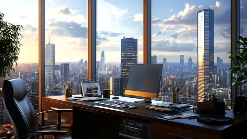 High-Rise Office Command Center Overlooking Manhattan Skyline.
