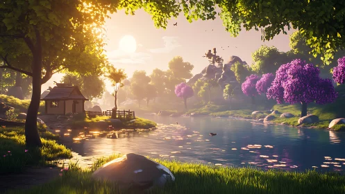 Sunlit riverside cottage under blooming violet trees