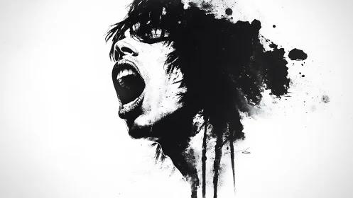 Explosive ink portrait captures a scream frozen in motion.