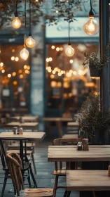 Shallow depth cafe terrace with warm bokeh string lights at dusk
