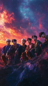 Idol group on neon-lit cliff beneath hyperreal cosmic sky