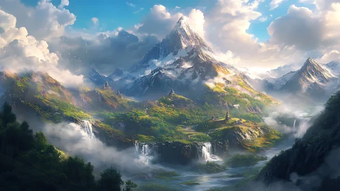Sunlit fantasy mountainscape with cascading crystal falls.