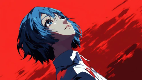 Skyward glance in scarlet storm, blue‑haired anime soul.