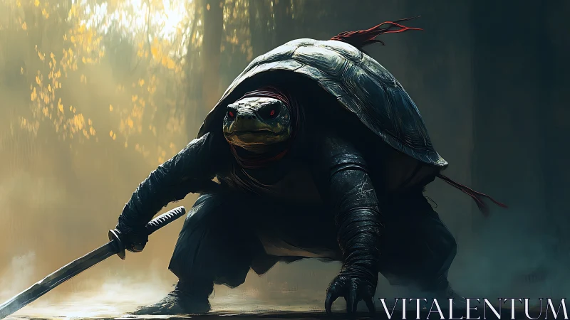 Humanoid turtle figure holds katana in misty forest clearing