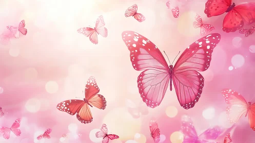 Pink butterflies drift through soft luminous bokeh sky