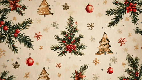 Festive holly branches and ornaments on cream backdrop.