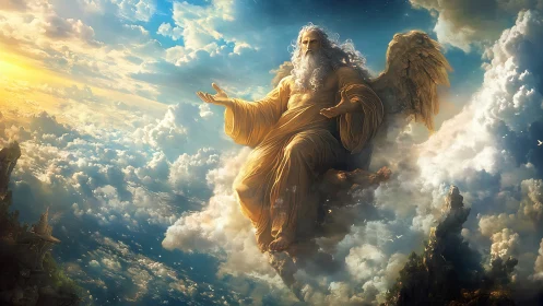 Winged elder figure seated among clouds in radiant sky