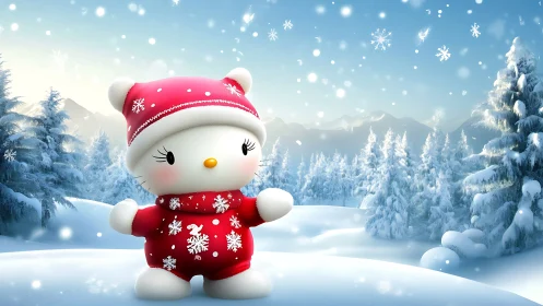 Cartoon cat figure stands in snowy winter forest landscape