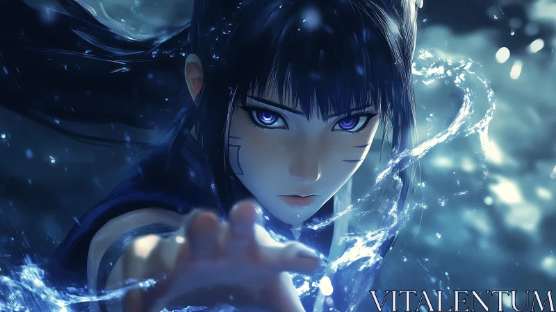 Fierce water mage summoning swirling midnight power.