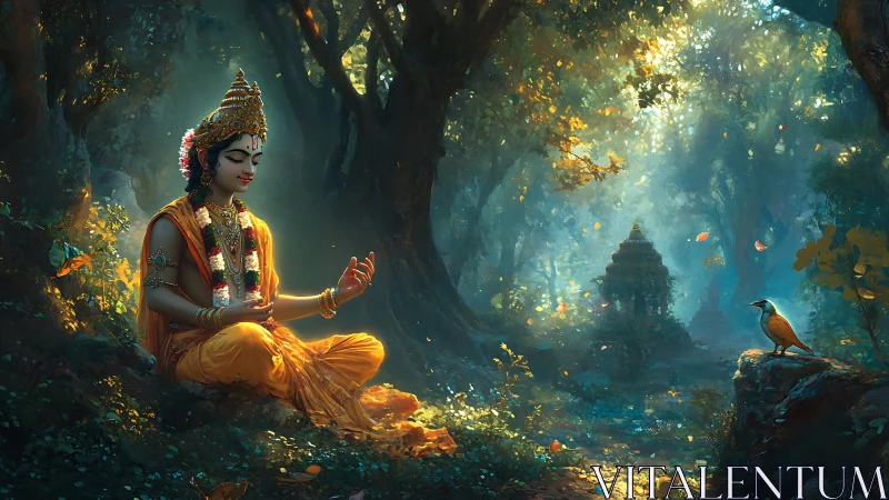 Forest meditation with luminous deity and listening bird.