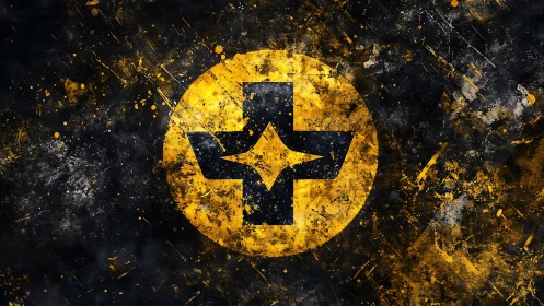 Yellow circle frames dark cross and starburst emblem