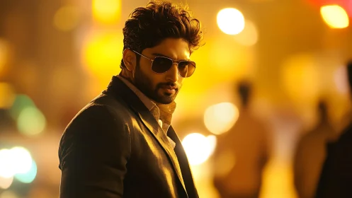 Man in dark jacket stands in shallow-focus urban night scene