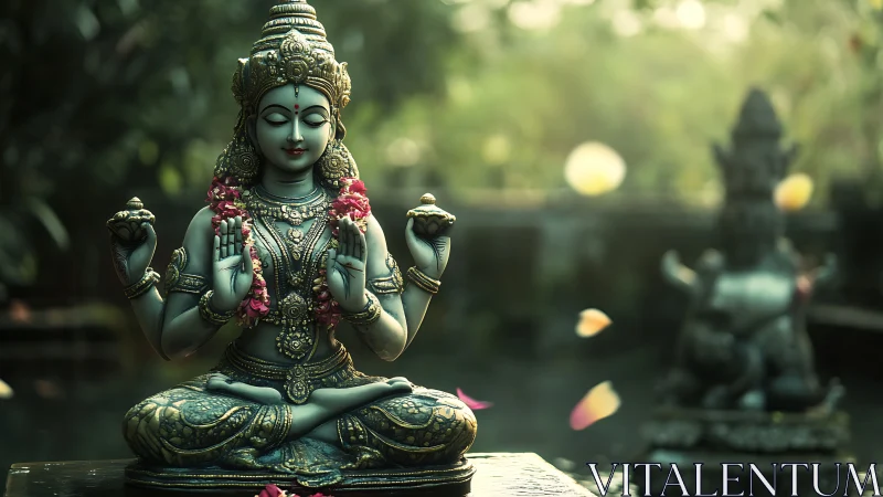 Bronze multiarmed goddess sculpture in diffused temple light.