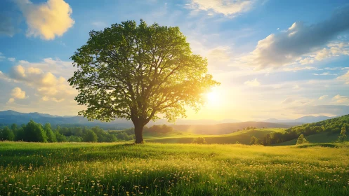Solitary deciduous tree stands in backlit rural landscape