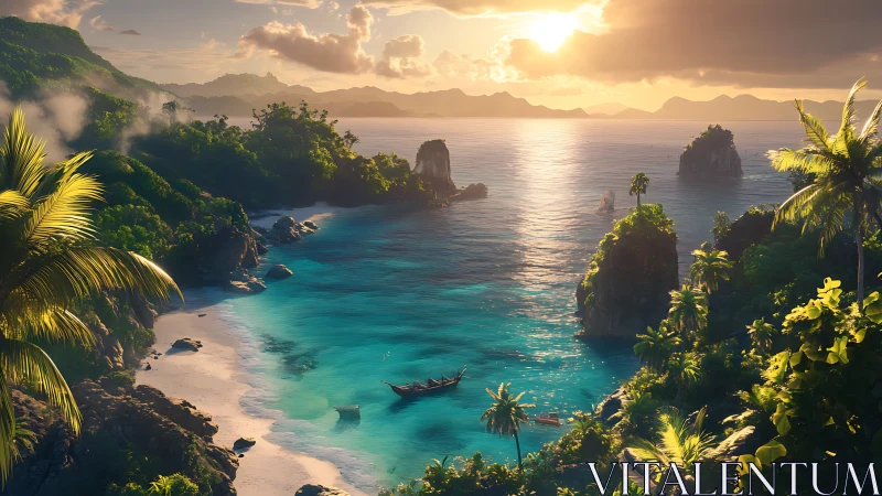 Tropical Island Cove with Golden Sunrise Light.