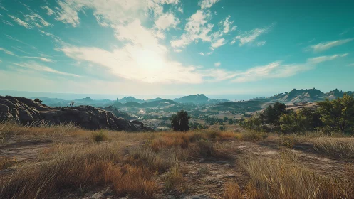 Procedurally rendered arid valley panorama under high sun