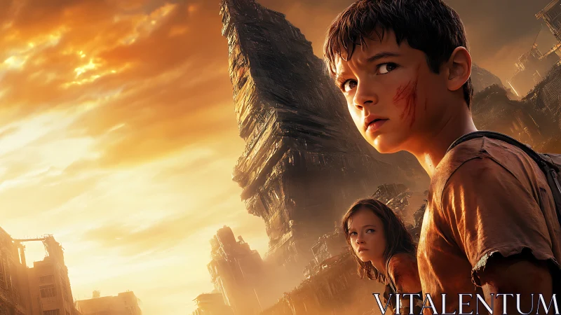 Two injured children in ruined city at orange sunset.