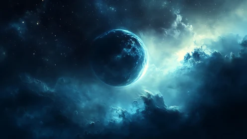 Luminous blue planet emerging through stormlit cosmic clouds.