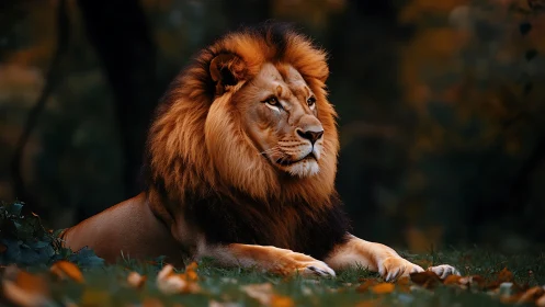 Regal lion reclining in autumnal forest glow at dusk.