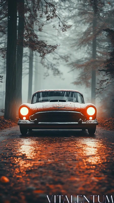 Vintage car with headlights on is positioned on wet forest road