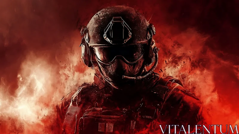 Tactical operator silhouette in ballistic armor amid red flames
