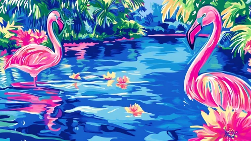 Chromatic flamingos in high-saturation tropical lagoon study.
