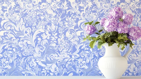 White ceramic vase holds hydrangeas before patterned wall