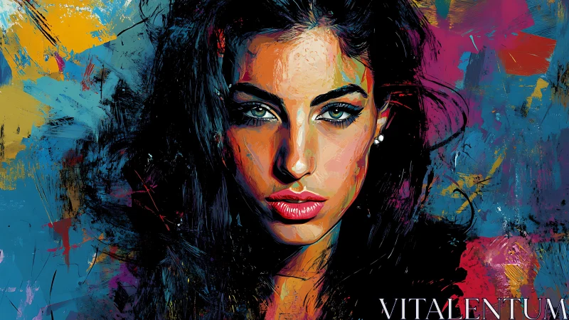 High-saturation digital portrait of woman with abstract brushwork