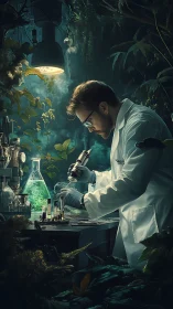 Jungle Lab Alchemist Studying Bioluminescent Secrets at Night.