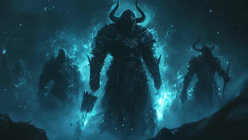Midnight horned warriors rising from crackling blue storm.