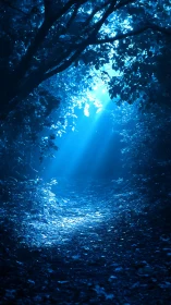 Blue-toned forest path illuminated by overhead light beams