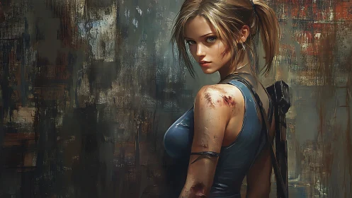 Wounded female warrior stands ready in gritty urban scene.