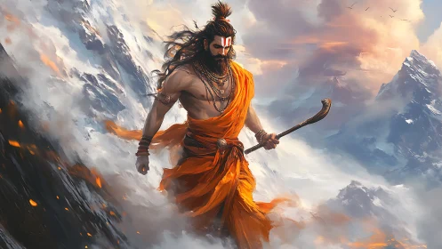 Mountain wanderer in flowing saffron robes and soft light.