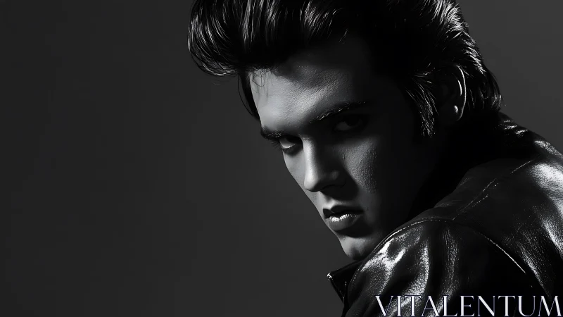 Moody monochrome portrait of brooding leather clad man.