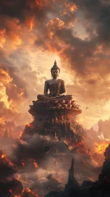 Buddha statue crowned by lotus throne over fiery mountains.
