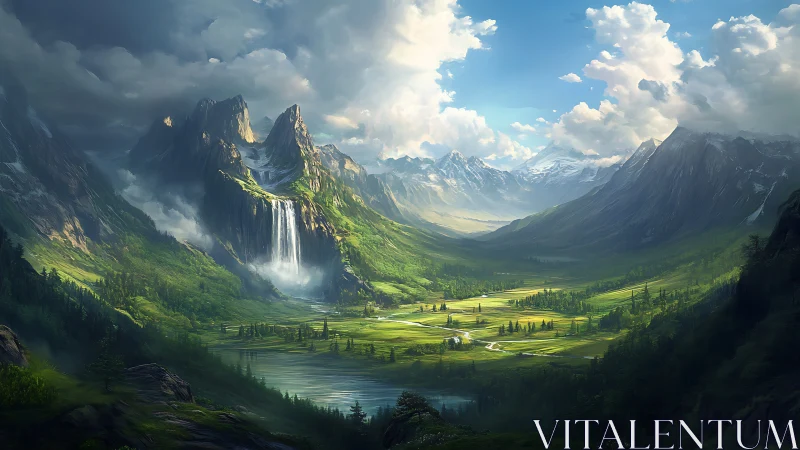 Sunlit alpine valley with cascading highland waterfall.