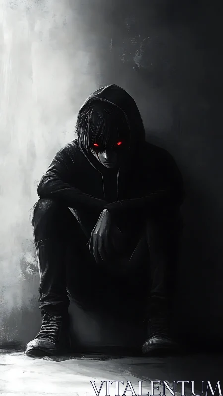 Hooded figure with glowing red eyes sits in chiaroscuro shadow