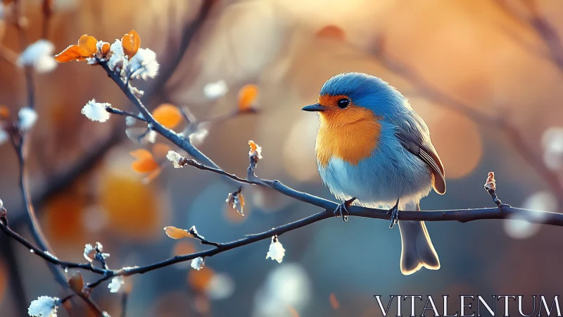 Vibrant robin perched on frosty branch in dreamy autumn light.