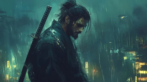 Solitary samurai under neon rain in moody teal palette.