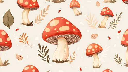 Seamless digital pattern of stylized red toadstool mushrooms
