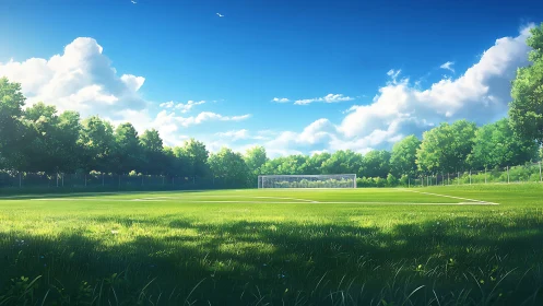 Digital painting of sunlit football field with lush tree border.