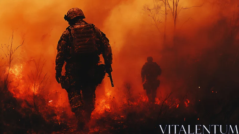 Soldiers advancing through an apocalyptic wildfire landscape in chaos.