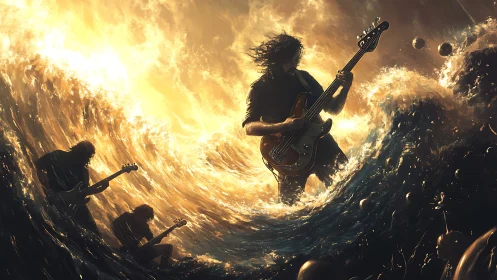 Ocean waves erupt while a stormbound bassist conducts lightning