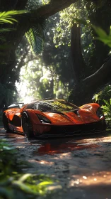 Crimson supercar resting quietly in a sunlit jungle trail.