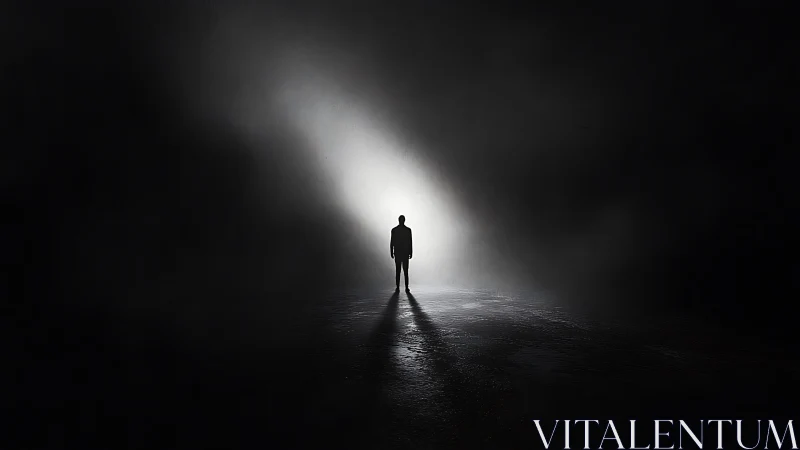 Solitary silhouette walking into stark tunnel light.