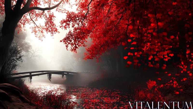 Scarlet woodland creek and rustic bridge in cinematic mist.